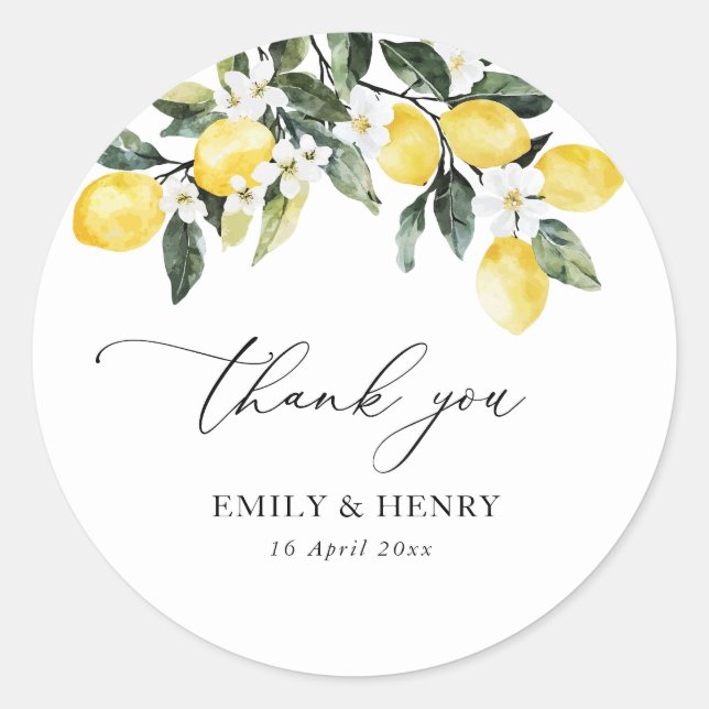 Sticker Rond citron aquarelle mediterrenean mariage merci (Devant)