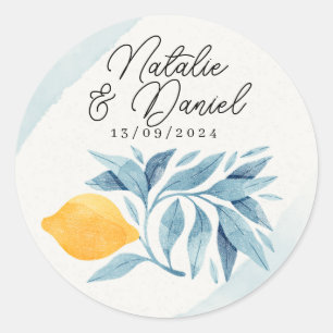 Sticker Rond Citron avec illustration botanique feuille bleue