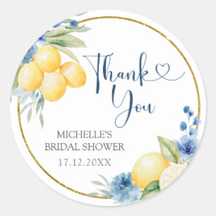 Sticker Rond Citron bleu floral principal Merci de taille