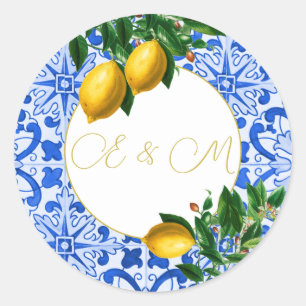 Sticker Rond Citron Mariage Carrelage bleu Monogramme été