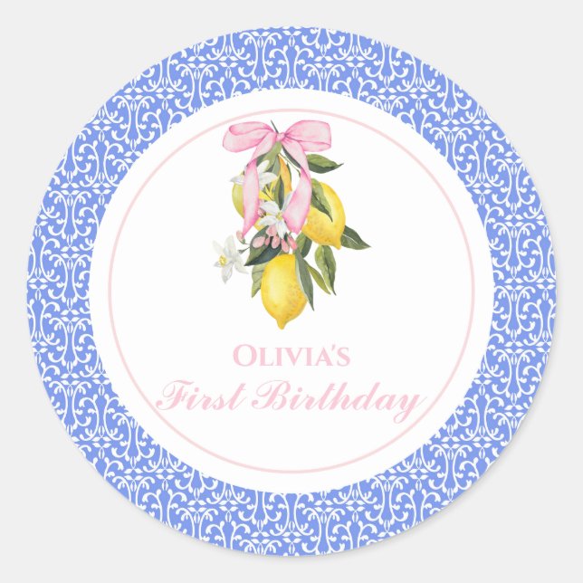 Sticker Rond Citron Pink Bow preppy 1er anniversaire (Devant)