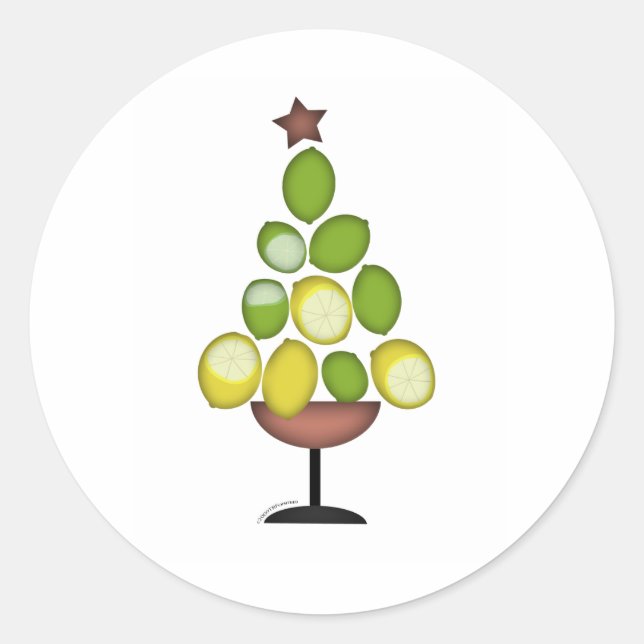 Sticker Rond citron vert sapin de Noël avec verre étoile/martin (Devant)