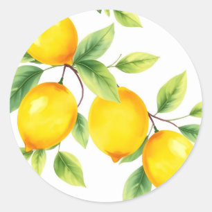 Sticker Rond Citrons d'aquarelle avec Feuilles verts