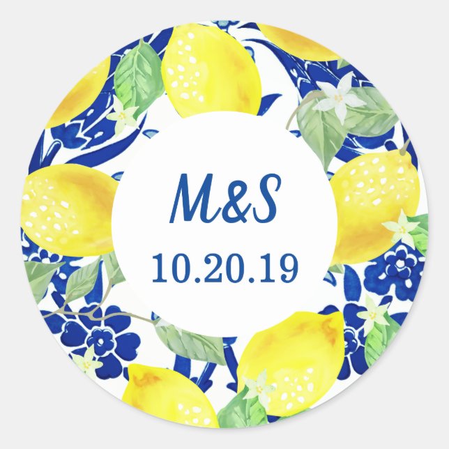 Sticker Rond Citrons de campagne et Initiales de Couple Floral  (Devant)