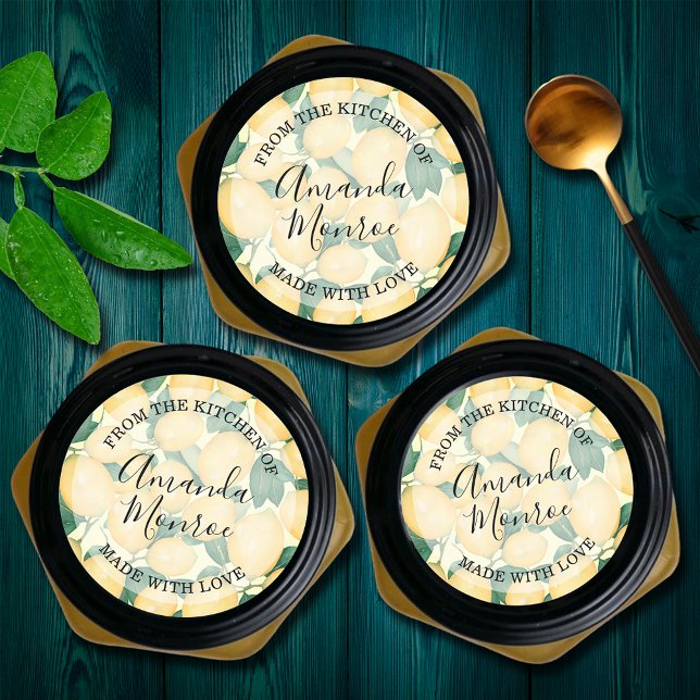 Sticker Rond Citrons DE LA CUISINE (Lemons and leaves personalized From the Kitchen of" round stickers)