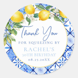 Sticker Rond Citrons italien Carreaux bleu Merci d'anniversaire