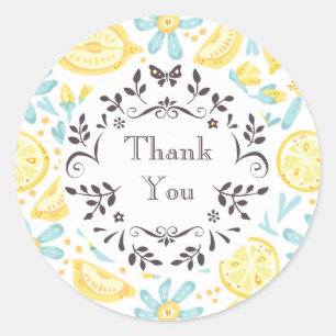 Sticker Rond Citrons jaunes et Merci de fleurs bleues pastel