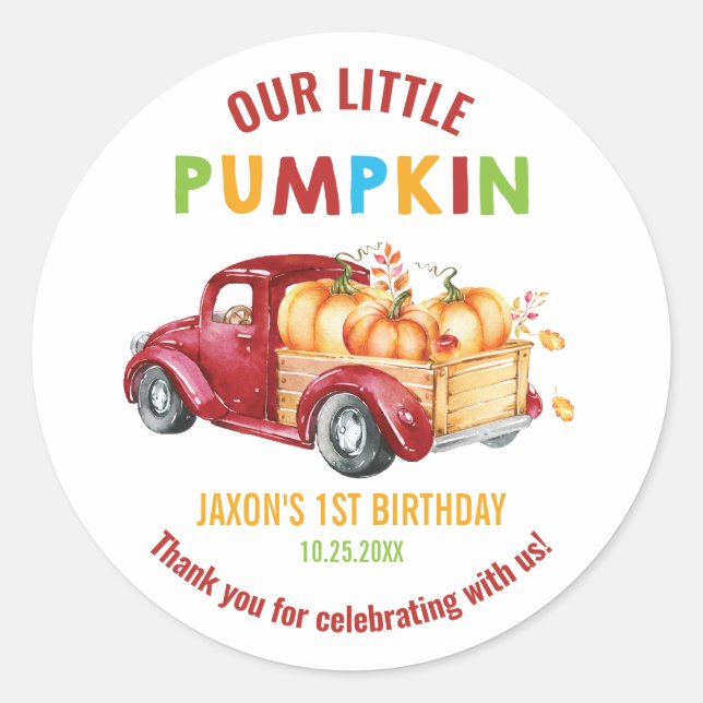 Sticker Rond Citrouille 1er Anniversaire Récolte Camion Favoris (Devant)