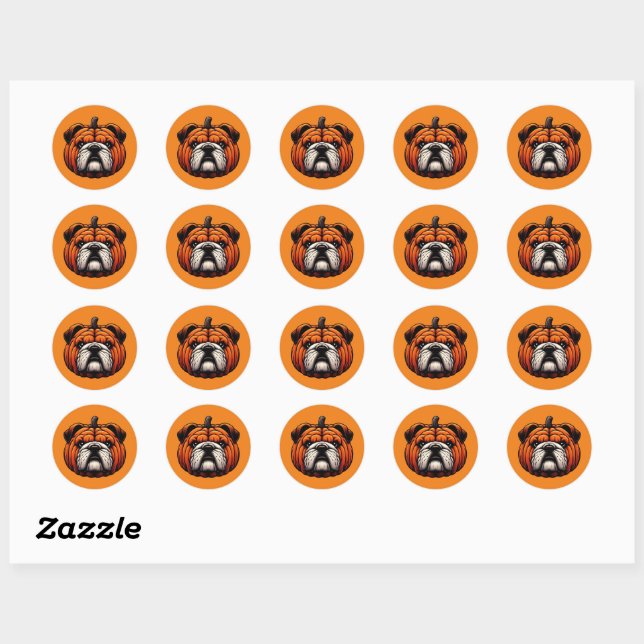 Sticker Rond Citrouille anglais Bulldog - Chien d'Halloween (Feuille)