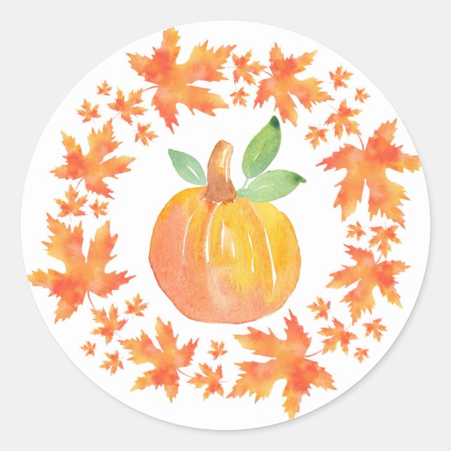 Sticker Rond Citrouille aquarelle et couronne feuille d'érable (Devant)