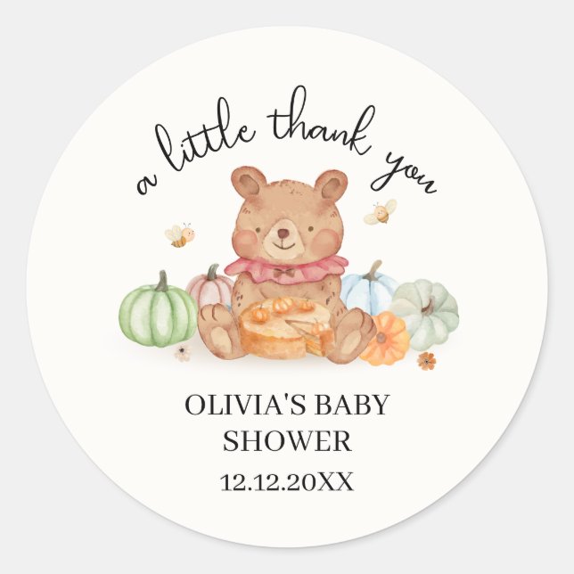 Sticker Rond Citrouille Automne Pie Teddy Bear Baby shower (Devant)