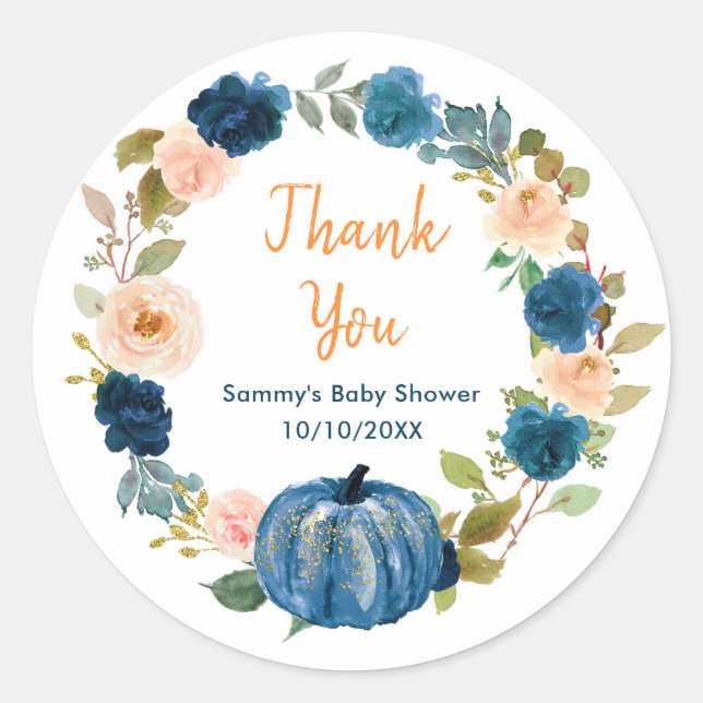 Sticker Rond Citrouille Baby shower bleu de la marine florale M (Devant)
