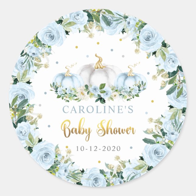 Sticker Rond Citrouille Baby shower Boy Fall Blue Citrouille Fa (Devant)