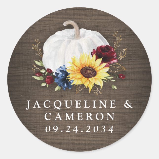 Sticker Rond Citrouille blanc Tournesol Rose Mariage de automne (Devant)