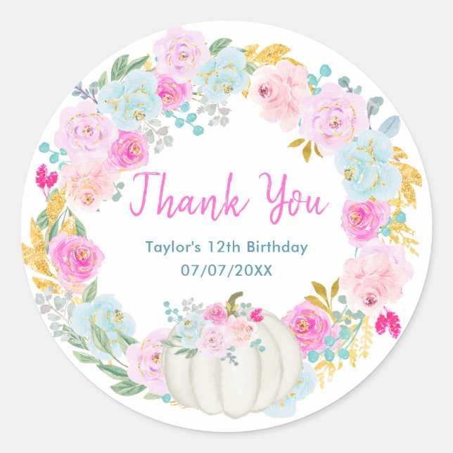 Sticker Rond Citrouille blanc Wreath Anniversaire Merci (Devant)