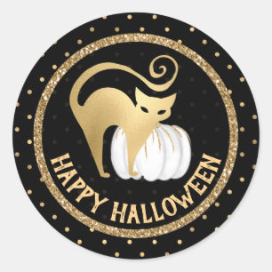 Sticker Rond Citrouille blanche et chat doré pois Halloween