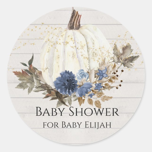Sticker Rond Citrouille bleu marine Baby shower en bois gris (Devant)