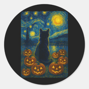 Sticker Rond Citrouille Chat Noir Halloween Van Gogh Nuit Étoil