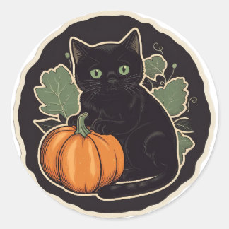 Sticker Rond Citrouille Chat Noir Patchwork d'Automne