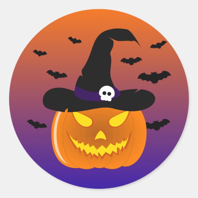 Sticker Rond Citrouille d’Halloween Jack o’ Casquette de sorciè (Devant)