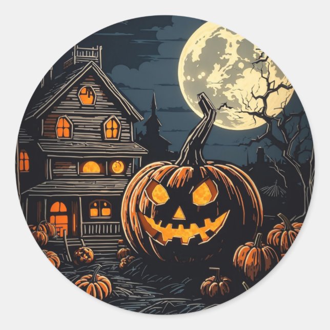 Sticker Rond citrouille dans le village d'Halloween (Devant)