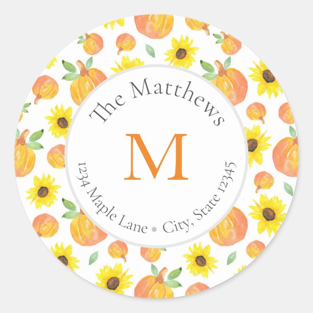 Sticker Rond Citrouille d'aquarelle et Motif de tournesol étiqu (Devant)