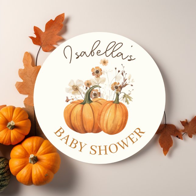 Sticker Rond Citrouille d'automne Baby shower floral (Fall Pumpkin Floral Round Sticker)