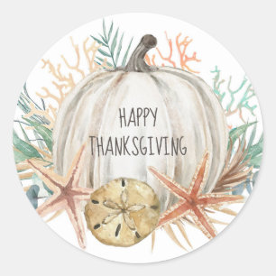 Sticker Rond Citrouille d'automne côtière Joyeux Thanksgiving