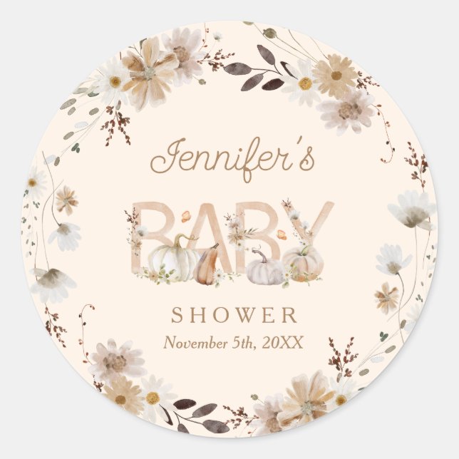 Sticker Rond Citrouille d'automne et Baby shower floral (Devant)