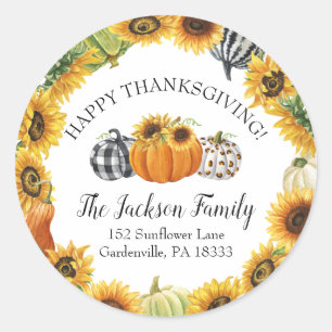 Sticker Rond Citrouille d'automne Tournesol Joyeux Thanksgiving