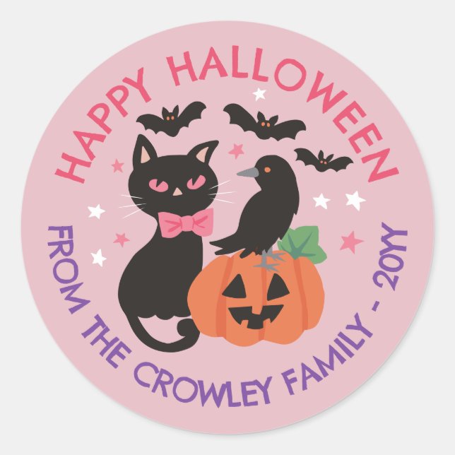 Sticker Rond Citrouille de chat rose Corbeau Halloween heureux (Devant)