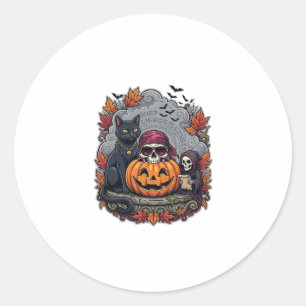 Sticker Rond Citrouille de Halloween Chat Crâne Faucheuse Autom