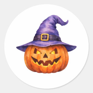 Sticker Rond Citrouille de Jack-O-Lantern à l'aquarelle dans un