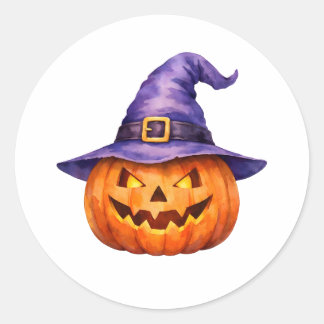 Sticker Rond Citrouille de Jack-O-Lantern à l'aquarelle dans un