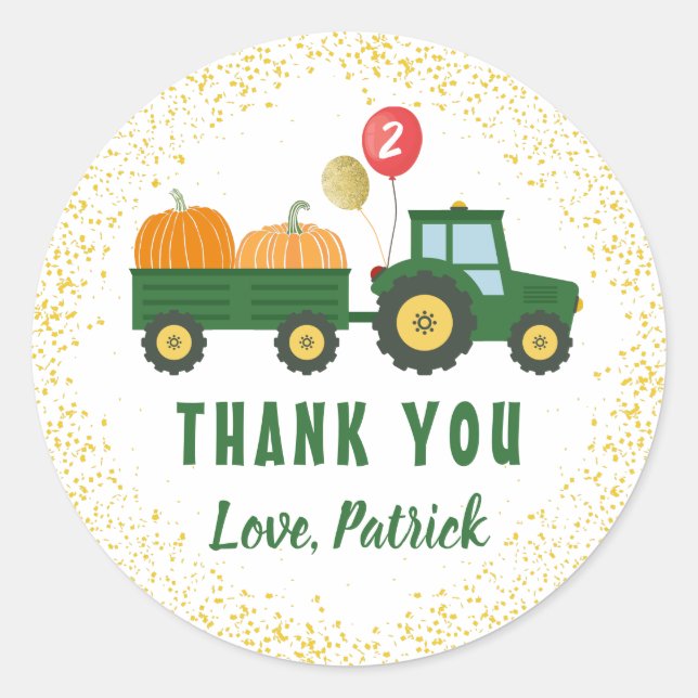 Sticker Rond Citrouille de tracteur Automne Anniversaire Merci (Devant)