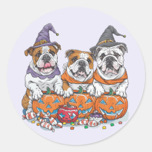 Sticker Rond Citrouille des Bulldogs anglais d'Halloween