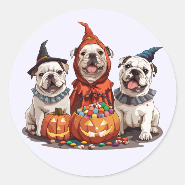 Sticker Rond Citrouille des Bulldogs anglais d'Halloween (Devant)