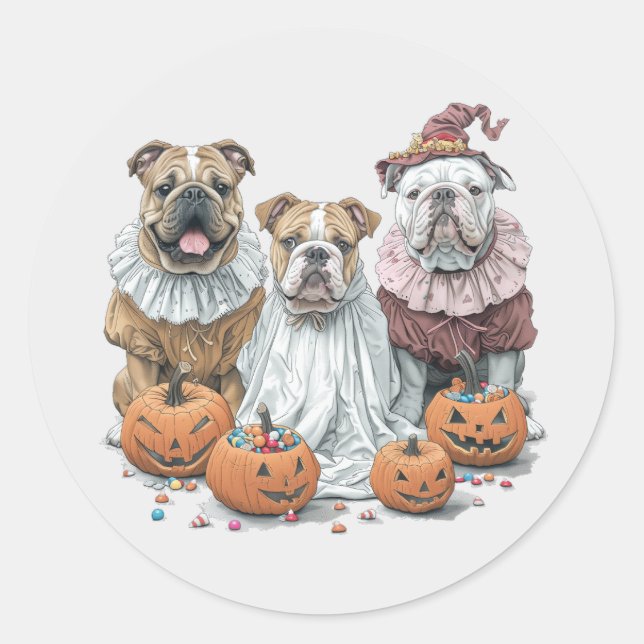 Sticker Rond Citrouille des Bulldogs anglais d'Halloween (Devant)