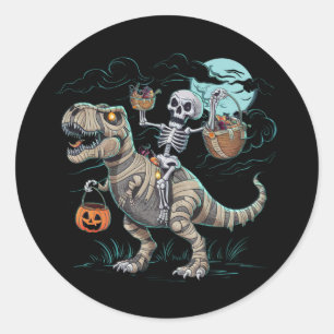Sticker Rond Citrouille d'Halloween Dinosaure T rex à cheval su