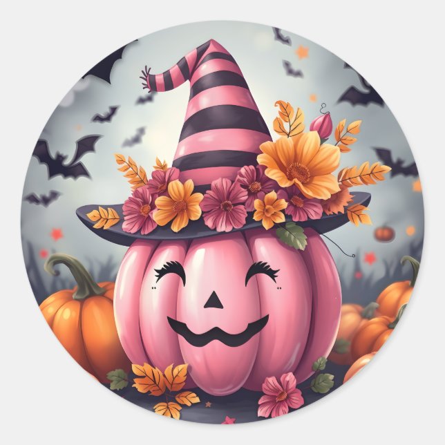 Sticker Rond Citrouille d'Halloween rose jolie Jack-o-lantern (Devant)
