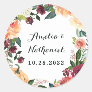 Sticker Rond Citrouille Élégant Automne Floral Rustique Thème M