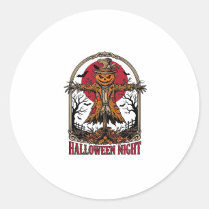 Sticker Rond Citrouille Épouvantail Halloween Gravure Vintage A