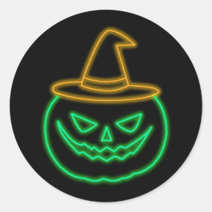 Sticker Rond Citrouille Face Orange Green Glow Effet Halloween