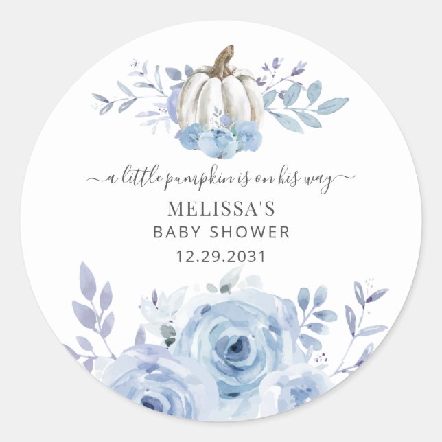 Sticker Rond Citrouille Floral Baby shower Dusty Blue (Devant)