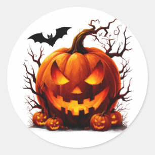 Sticker Rond Citrouille Hantée Jack O Lantern Avec Yeux Brûlant