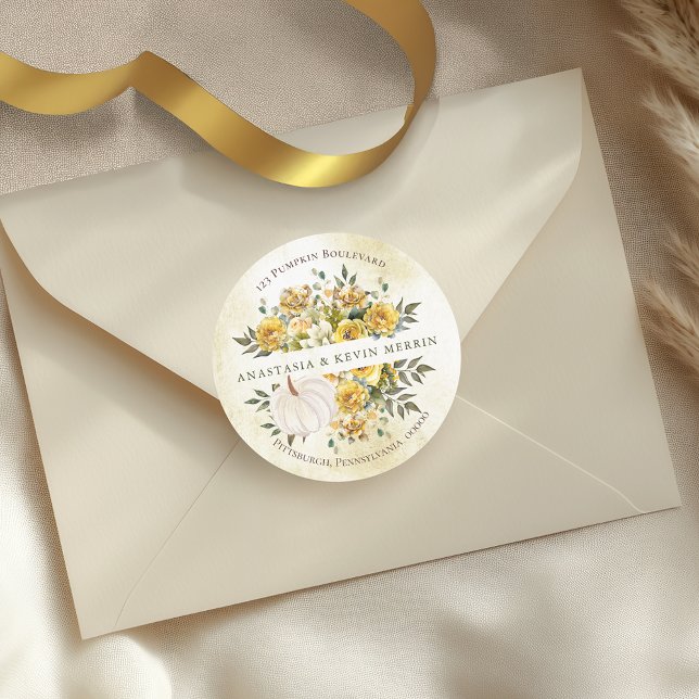 Sticker Rond Citrouille Harvest Gold Return Adresse Enveloppe S (White Pumpkin Harvest Gold Floral Fall | Autumn Return Address Envelope Seal Round Sticker)