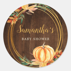 Sticker Rond Citrouille Orange Baby shower Chutes Feuilles Bois
