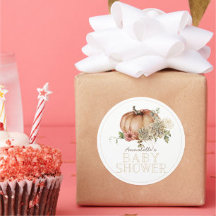 Sticker Rond Citrouille orange et Baby shower Dahlia blanc
