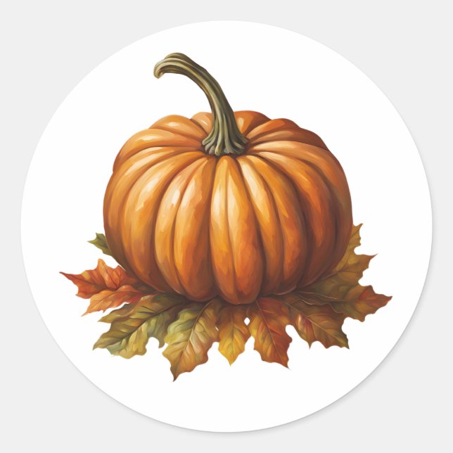Sticker Rond Citrouille orange et feuilles d'automne (Devant)