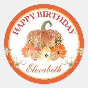Sticker Rond Citrouille orange et or aquarelle Joyeux Anniversa